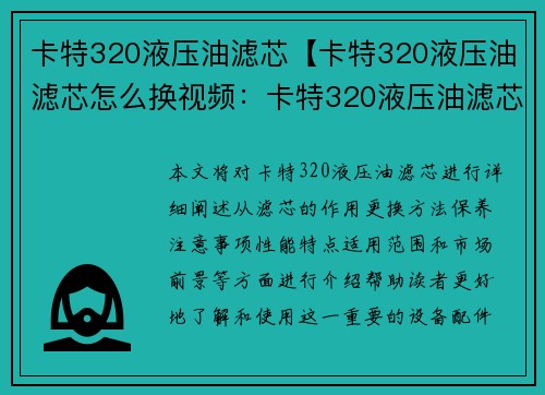 卡特320液压油滤芯【卡特320液压油滤芯怎么换视频：卡特320液压油滤芯：保护您设备的生命线】