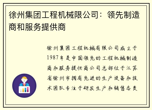 徐州集团工程机械限公司：领先制造商和服务提供商